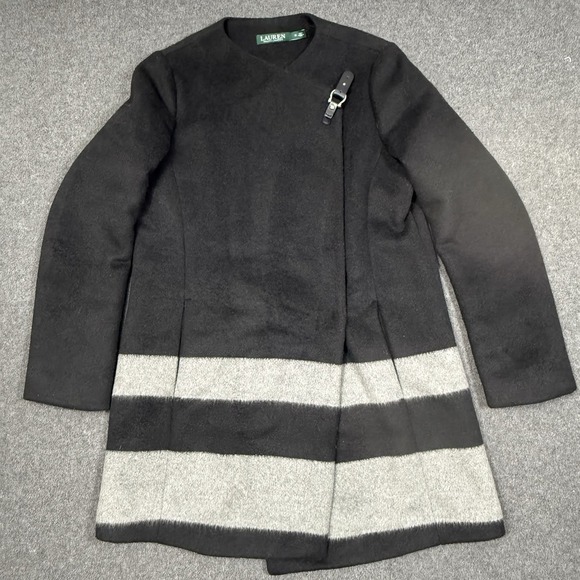 Lauren Ralph Lauren Wool Blend Wrap Coat Black Gray Stripe Buckle Open Front M